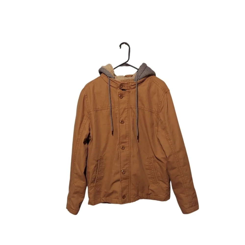 Aeropostale Mens Sherpa Lined Hooded Utility Jacket Size M Tan Workwear Gorpcore
